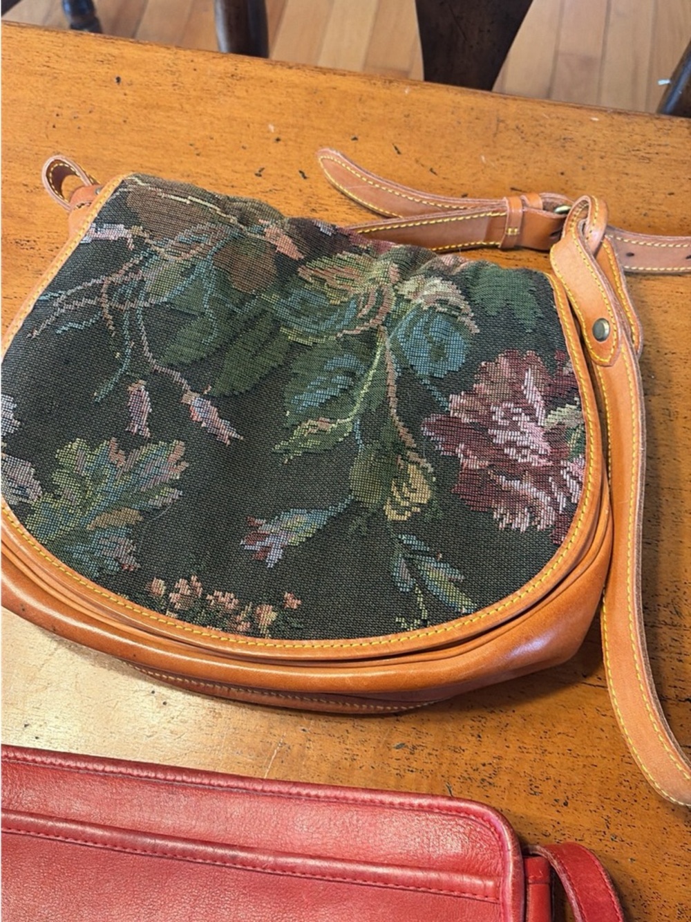 Vintage Ralph Lauren Floral Tapestry Tan Saddle Bag Purse